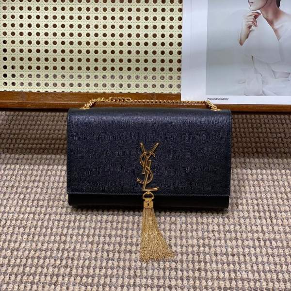 Saint Laurent Kate com Tassel - Couro Preto e Ferragens Douradas
